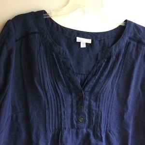 Westport navy blouse with cap sleeves, pin tucking, and metal buttons 1X